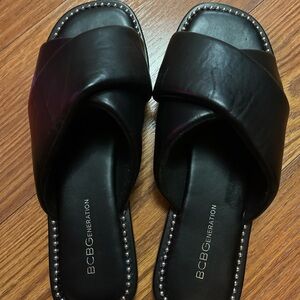 BCBGeneration Tabby Black Slide Sandals with Silver Accents